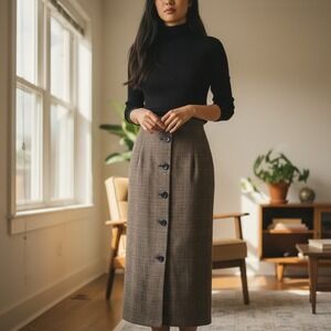 Vintage NYCC Brown Glen‎ Plaid Button Maxi Skirt High Waist Sz 14 80s Academia